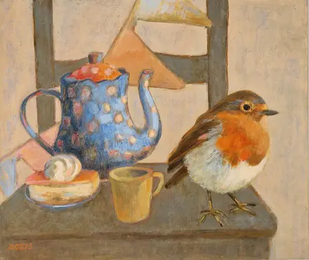 Aline Sprokkereef, Roodborstje met theepot, 420 euro, Acrylic on wood, 24x28x2 cm