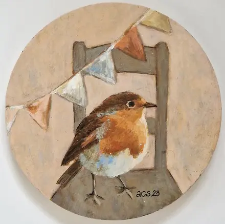 Aline Sprokkereef, Roodborstje met vlaggetjes, 195 euro, Acrylic on wood, 13 cm