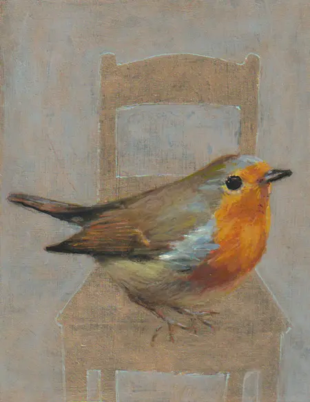 Aline Sprokkereef, Roodborstje op gouden stoel, Acrylic on panel, 14x11x4 cm, €.175,-