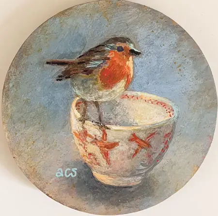 Aline Sprokkereef, Roodborstje op kopje, Mixed media with acrylic on panel, 9 cm, €.95,-