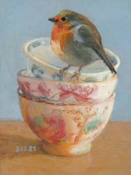 Aline Sprokkereef, Roodborstje op stoe antiek kommetje, Acrylic on panel, 14x11x4 cm, €.175,-