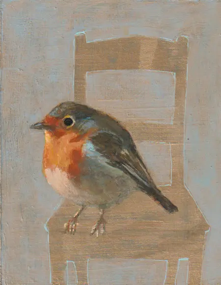 Aline Sprokkereef, Roodborstje op stoel, Acrylic on panel, 14x11x4 cm, €.175,-