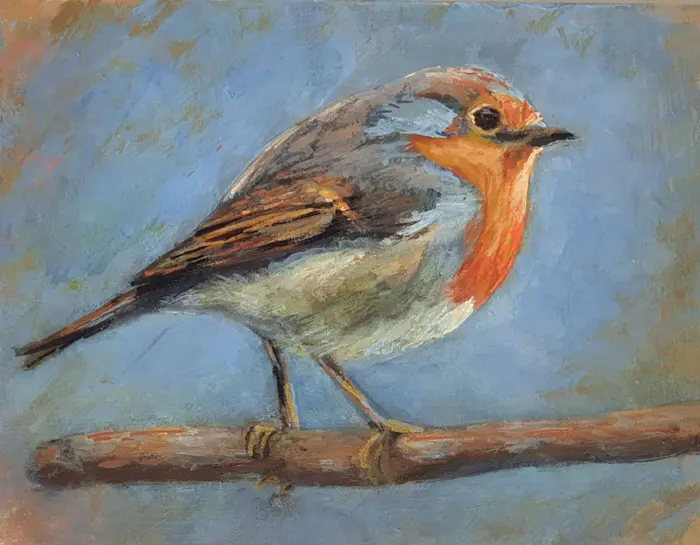 Aline Sprokkereef, Roodborstje op tak, Mixed media with acrylic on panel, 14x11x4 cm, €.150,-