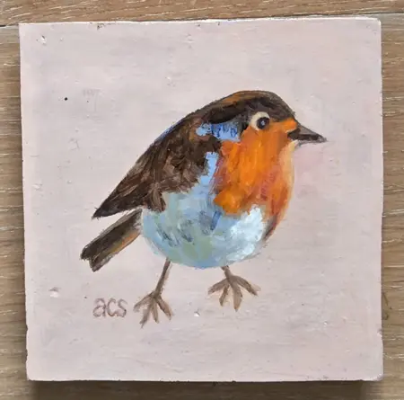 Aline Sprokkereef, Roodborstje, 185 euro, Acrylic on hand-baked tile (incl. hanging system and block stand), 10x10 cm