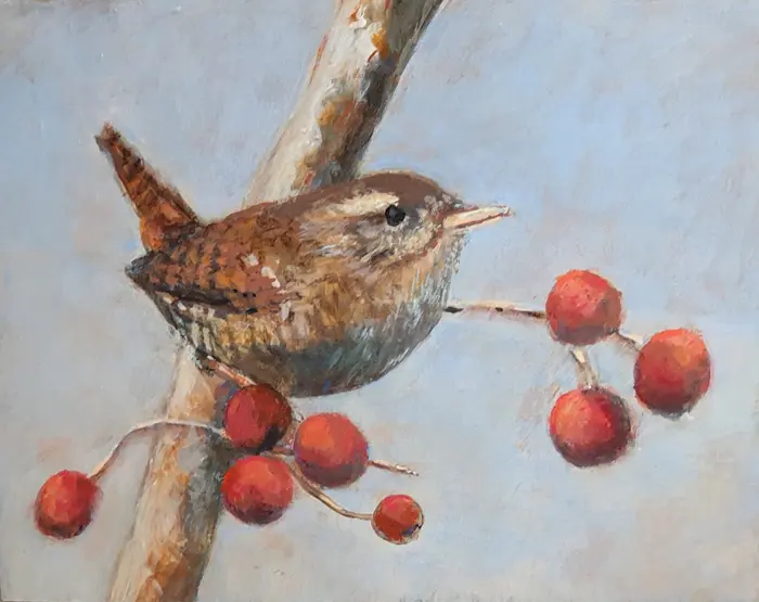 Aline Sprokkereef, Winterkoninkje met bessen, Acrylic on block panel, 11x14x4 cm, €.175,-