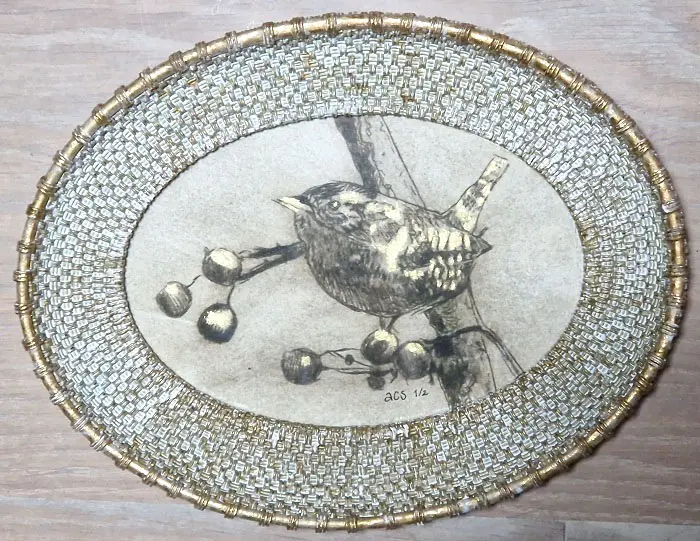 Aline Sprokkereef, Winterkoninkje, 75 euro, Etching coloured with gold in frame, 13,5x9