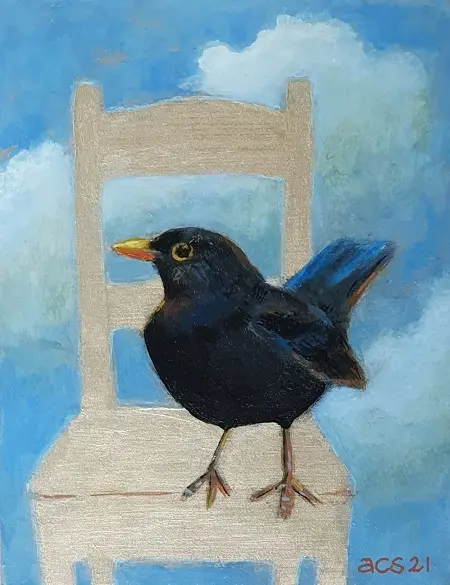 Aline Sprokkereef, Wolkenmerel, 185 euro, 14x11x4 cm, Acrylic on wood
