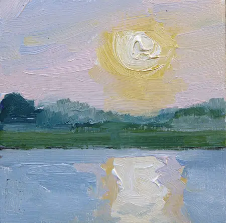 Anne Jitske Salverda, Avond bij de Bosscherwaard, Oil on panel, 15x15 cm, Unframed, €.135,- in frame €.175,-