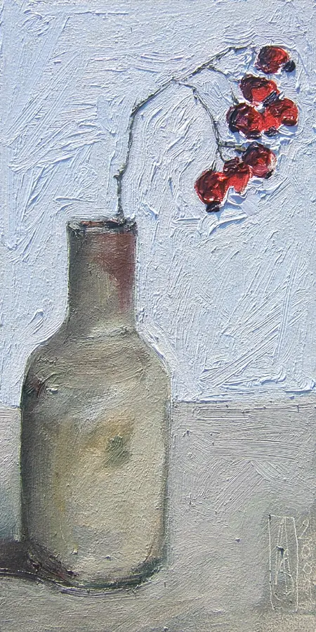 Anne Jitkse Salverda, Bij oma de trap oplopen, Oil on wood in wooden frame, 26x13 cm, €.220,-