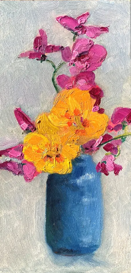 Anne Jitske Salverda, Heftige kleuren in mijn tuin, 195 euro, Oil on panel, unframed, 26x13 cm