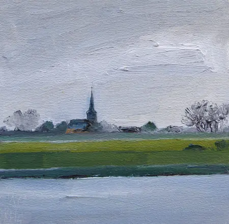 Anne Jitske Salverda, In de verte bomen en een torentje, Oil on panel, 15x15 cm, Unframed, €.135,- in frame €.175,-