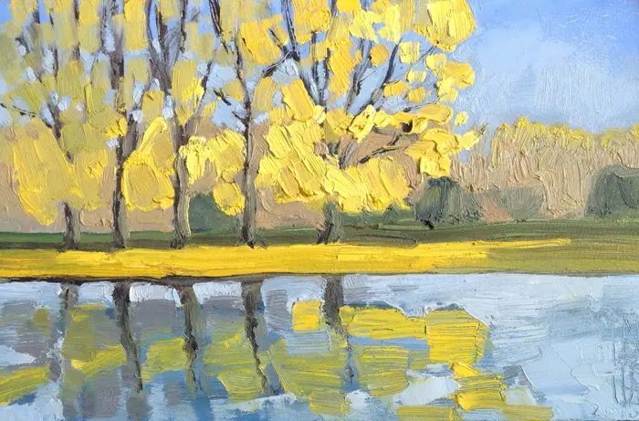 Anne Jitske Salverda, Majestueus afscheid van een lange zomer, 195 euro, Oil on panel, unframed, 20x30 cm