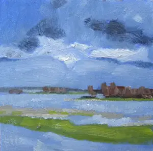 Anne Jitske Salverda, Onderweg hoog water a/d IJssel, 220 euro, Oil on panel in frame, 20x20 cm (excluding frame)