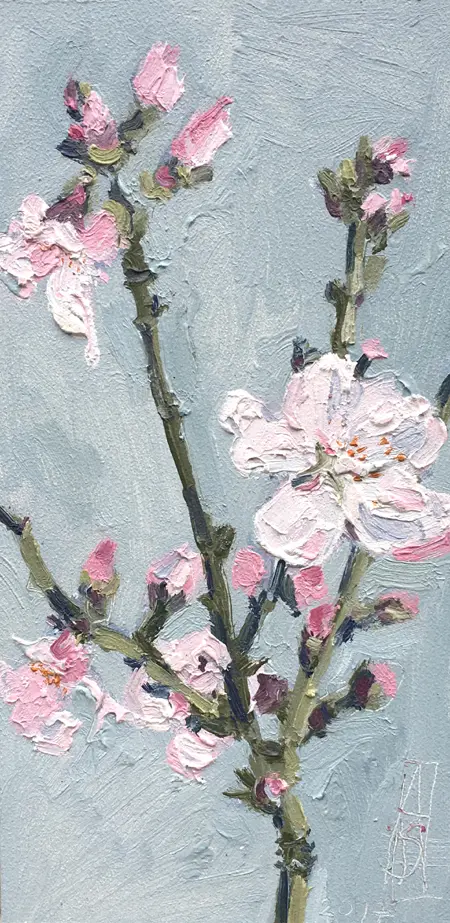 Anne Jitske Salverda, Op tijd voor de Amandelbloesem, Oil on panel in wooden frame, 26 x 13 cm, €.180,-, unframed and €.220,- in frame