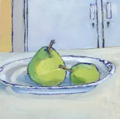 AnneJitske Salverda, Peren op oma's schaal 1, 275 euro, Oil on panel in frame, 20x20 cm excl. frame