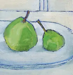 AnneJitske Salverda, Peren op oma's schaal 2, 250 euro, Oil on panel in frame, 15x15 cm excl. frame