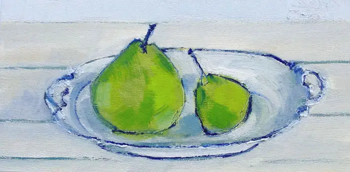 AnneJitske Salverda, Peren op oma's schaal 3, 180 euro, Oil on panel, unframed, 13x26 cm excl. frame