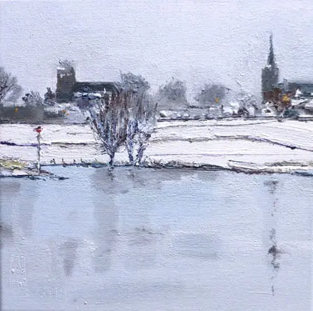 Anne Jitske Salverda, Rechtertoren was zondag op bezoek bij linkertoren, Oil on canvas, 30x30 cm, €.300,-