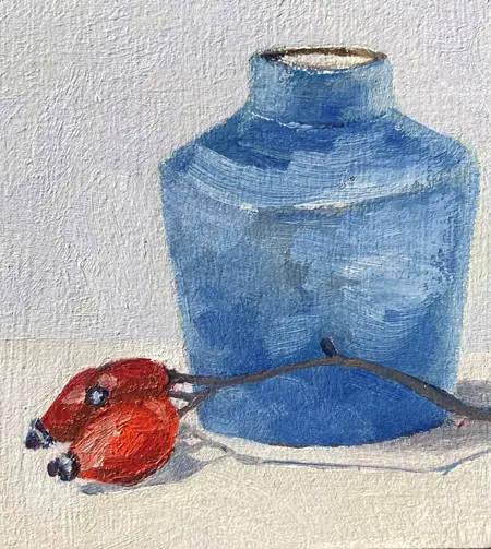 Anne Jitske Salverda, Rood wit blauw winters stilleven, 135 euro, Oil on panel, unframed, 11,5x10,5 cm
