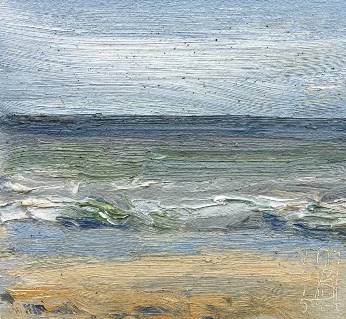 Anne Jitske Salverda, Septemberzee 1, Oil on wood, 10x11 cm, €.135,-, unframed and €.175,- in wooden frame