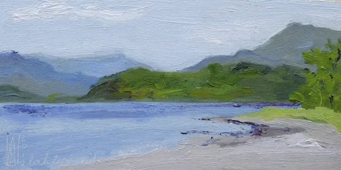 Anne Jitske Salverda, Stil Loch Lomond, Oil on panel, 13x26 cm, Unframed, €.180,- in frame €.220,-