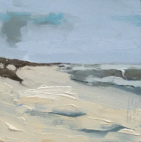 Anne Jitske Salverda, Strand in de storm op woensdag/egmond, Oil on panel in frame, 20x20 cm, €.220,- (without frame 180,-)
