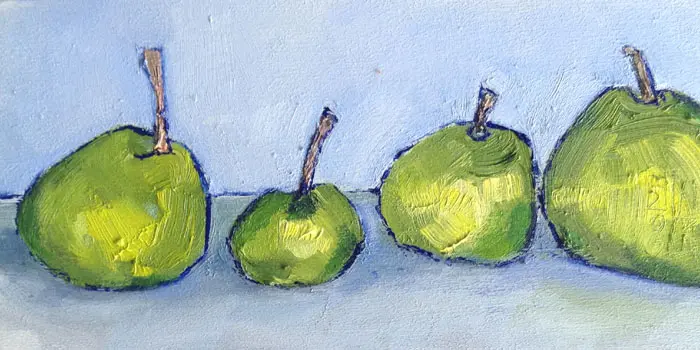 AnneJitske Salverda, wat een geluk een eigen boomgaard, 180 euro, Oil on panel, unframed, 13x26 cm excl. frame