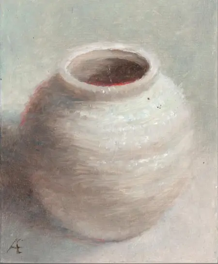 Anneke Elhorst, Aardewerken pot, 220 euro, Oil on panel, unframed, 15x12 cm