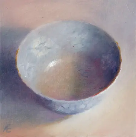 Anneke Elhorst, Blauw schaaltje, 350 euro, Oil on panel, unframed, 18x18x2 cm