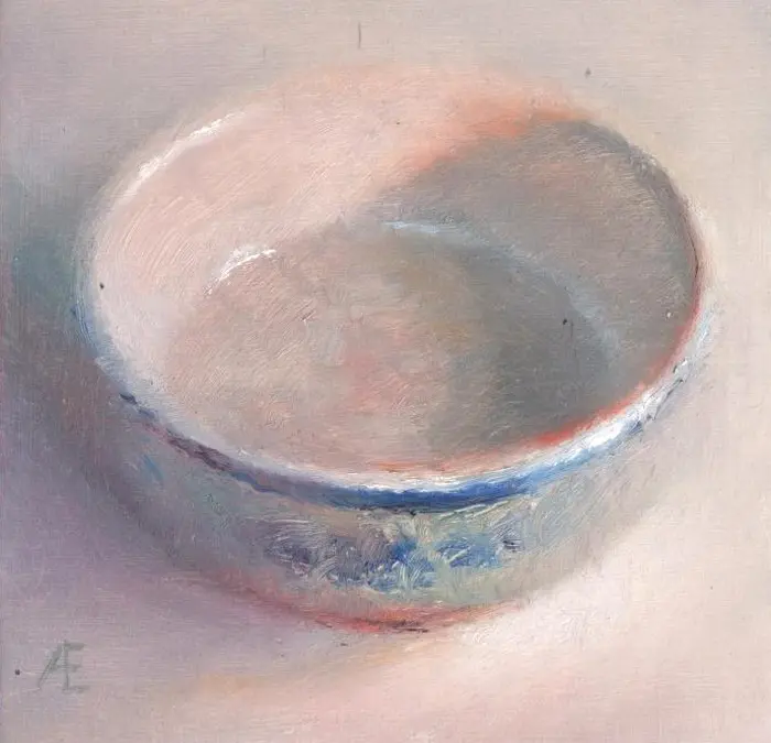 Anneke Elhorst, Blauw wit bakje, 240 euro, Oil on panel, unframed, 12x12x3 cm