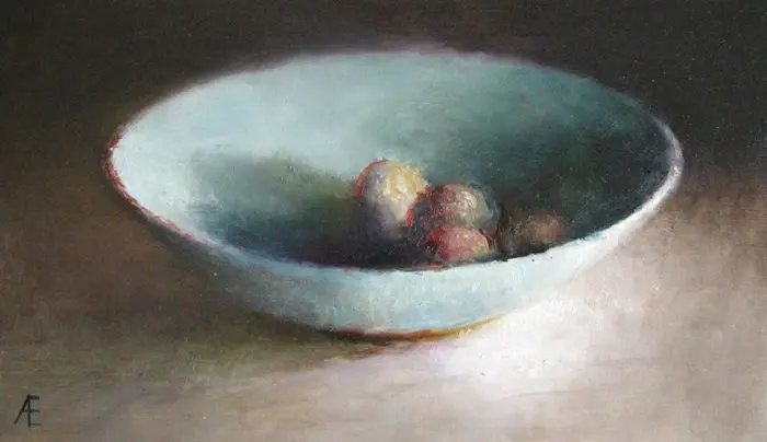 Anneke Elhorst, Blauwe schaal met fruit, Oil on panel, 15x25x3 cm, €.425,-