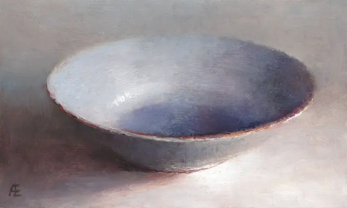 Anneke Elhorst, Blauwe Schaal, Oil on wood, 15x25x3 cm, €.395,-