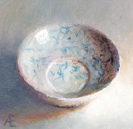 Anneke Elhorst, Blauwe Schotel, Oil on panel, 10x10 cm, €.195,-