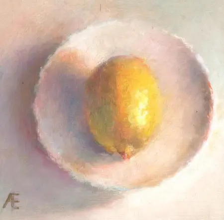 Anneke Elhorst, Citroen, 240 euro, Oil on panel, unframed, 12x12x3 cm