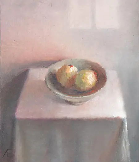 Anneke Elhorst, Citroenen op tafeltje, 320 euro, Oil on panel, unframed, 18x15x4 cm