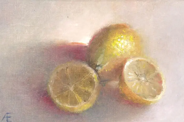 Anneke Elhorst, Citroenen, 250 euro, Oil on panel, unframed, 15x7x3,5 cm