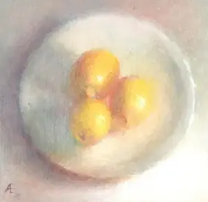 Anneke Elhorst, Drie citroenen, 295 euro, Oil on panel, 15x15x2,5 cm