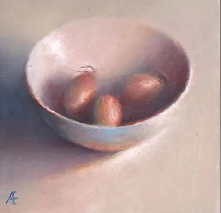 Anneke Elhorst, Drie Sjalotten, 295 euro, Oil on panel, unframed, 15x15x3 cm