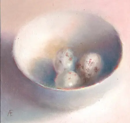 Anneke Elhorst, Eitjes, 295 euro, Oil on panel, unframed, 15x15x3 cm
