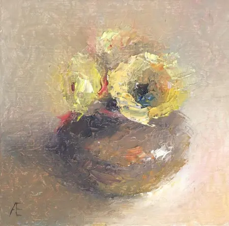 Anneke Elhorst, Gele bloemen, 240 euro, Oil on panel, 12x12x2,5 cm