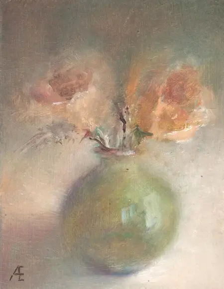 Anneke Elhorst, Gele rozen, 275 euro, Oil on panel, unframed, 15x12x3 cm