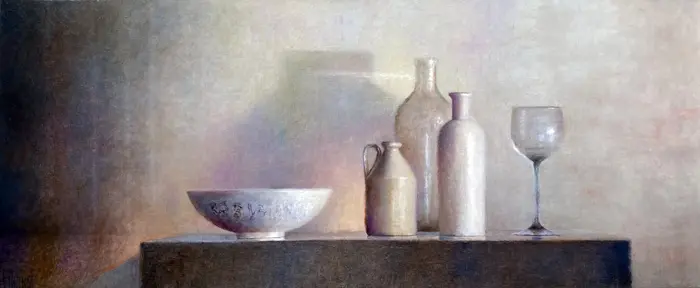 Anneke Elhorst, Glas, kom, flessen, Oil on canvas, 50x120x5 cm, €.2700,-