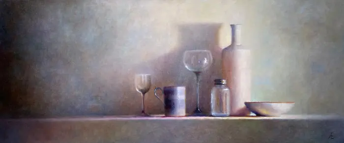 Anneke Elhorst, Glas en porselein, 2300 euro, Oil on canvas, 50x120 cm