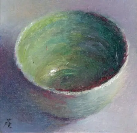 Anneke Elhorst, Groen schaaltje, 195 euro, Oil on panel, unframed, 10x10 cm