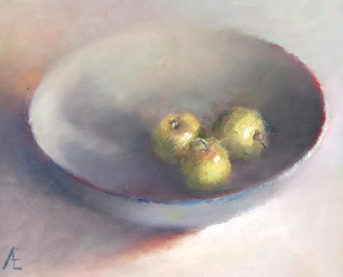 Anneke Elhorst, Groene appels, 330 euro, Oil on canvas, unframed, 15x18x3 cm