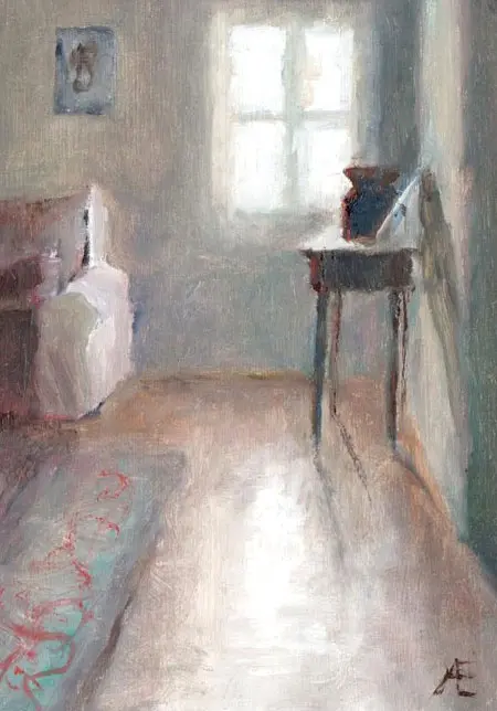 Anneke Elhorst, Interieur I, 250 euro, Oil on panel, unframed, 15x10x3,5 cm