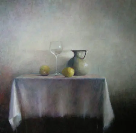 Anneke Elhorst, Kan, glas en citroenen, 2975 euro, Oil on canvas, unframed, 100x100x5 cm