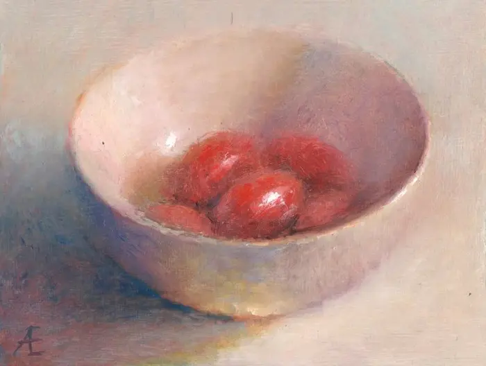 Anneke Elhorst, Kleine tomaten, 270 euro, Oil on panel, unframed, 12x15 cm