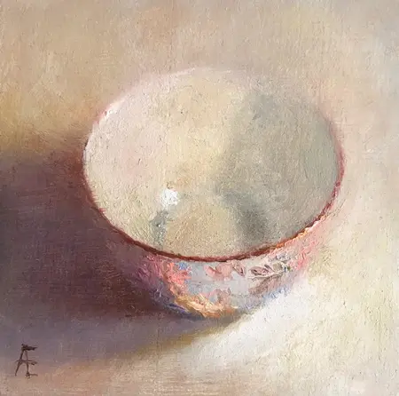 Anneke Elhorst, Kommetje rose, Oil on panel, 10x10x4 cm, €.195,-