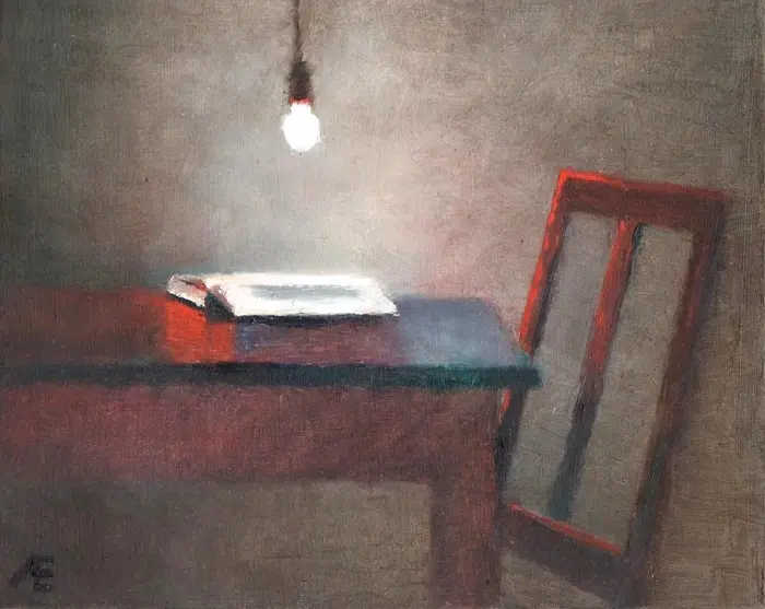 Anneke Elhorst, Lezen bij lamplicht, 320 euro, Oil on panel, unframed, 15x18x4 cm